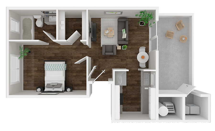 Floor plan for 1 bed, 1 bath, 707 sqft